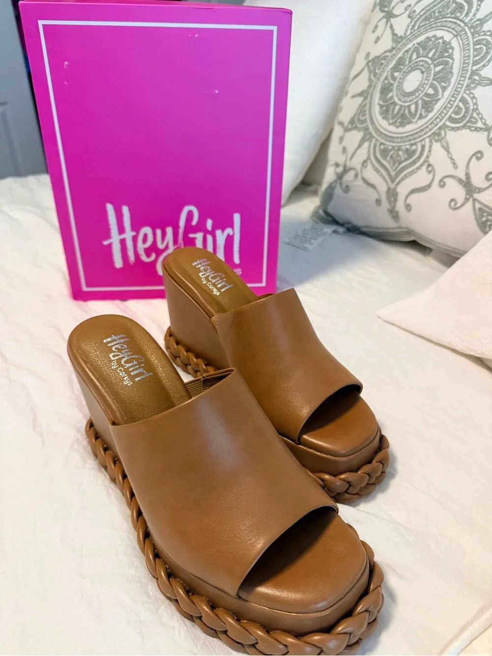 Corkys Brown Braided Platform Slide Wedges